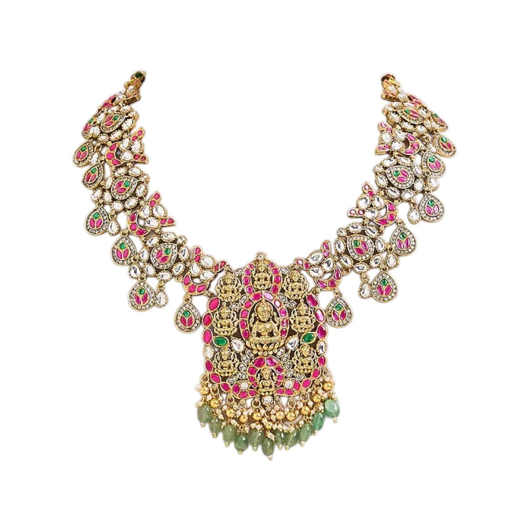 Pink and green temple Kundan necklace set with goddess pendant and matching earrings