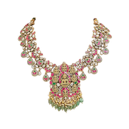 Pink and green temple Kundan necklace set with goddess pendant and matching earrings
