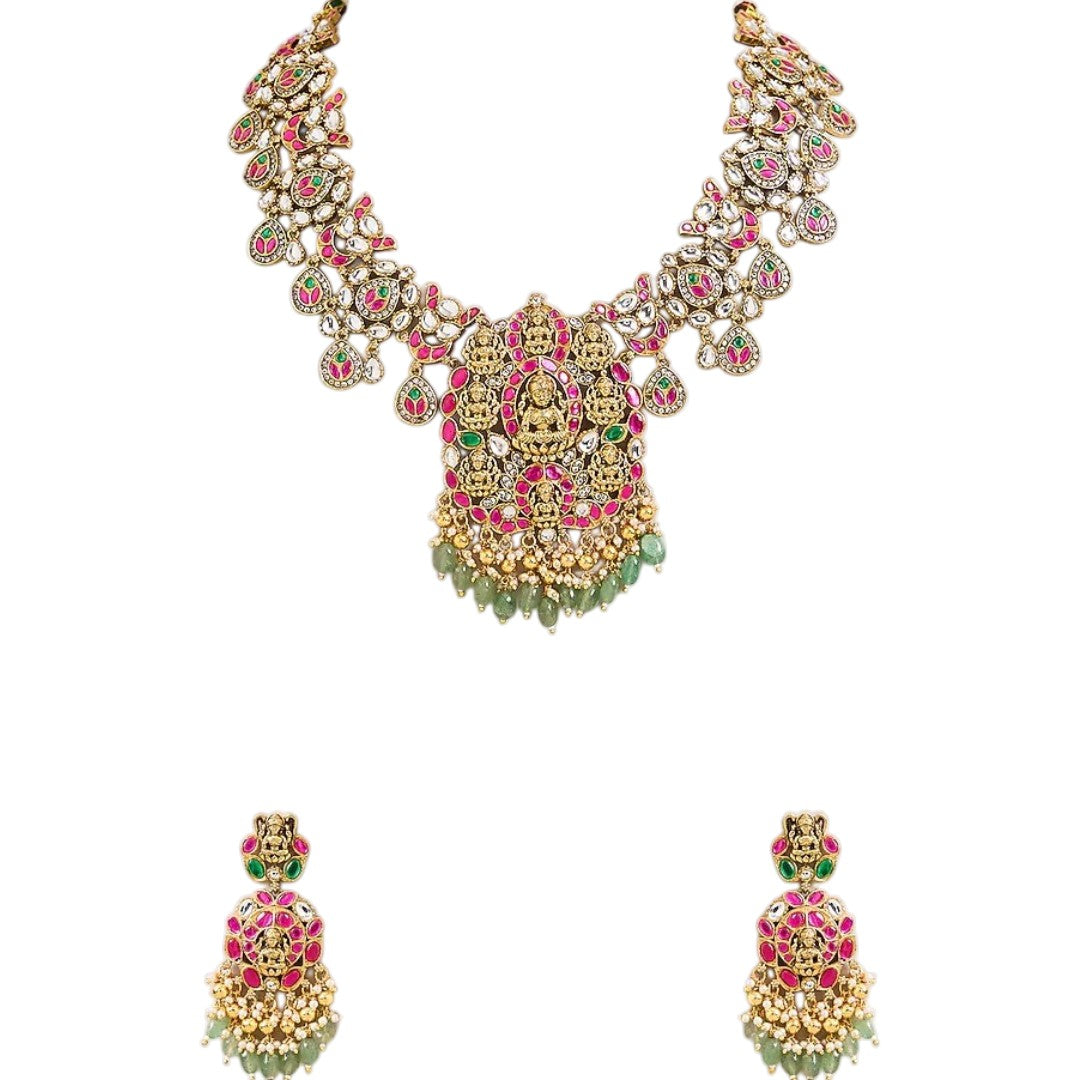 Pink and green temple Kundan necklace set with goddess pendant and matching earrings