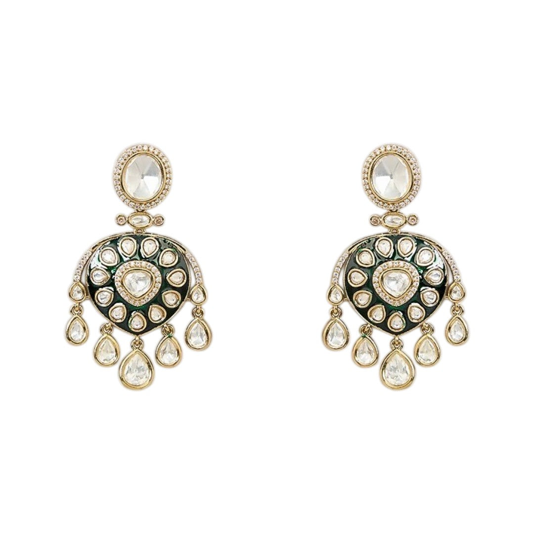"Antique gold Kundan choker necklace with green meenakari enamel and polki stone medallions, matching disc drop earrings"