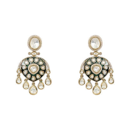 "Antique gold Kundan choker necklace with green meenakari enamel and polki stone medallions, matching disc drop earrings"