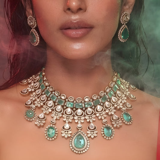 Emerald Green Kundan Necklace Set with Matching Earrings