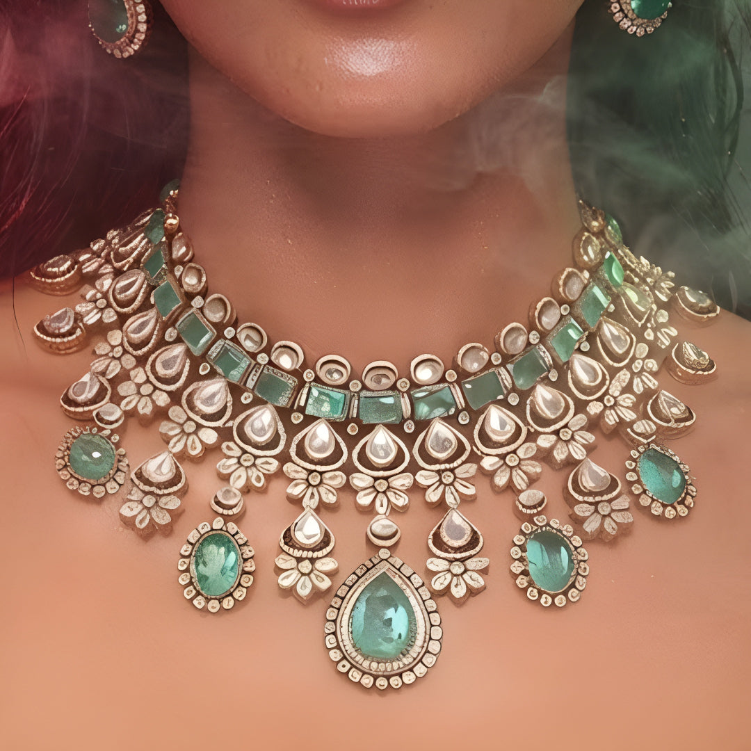 Emerald Green Kundan Necklace Set with Matching Earrings