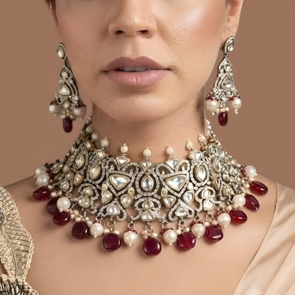 Polki Kundan Bridal Choker Set with Ruby Red Drops