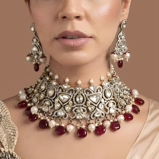 Polki Kundan Bridal Choker Set with Ruby Red Drops