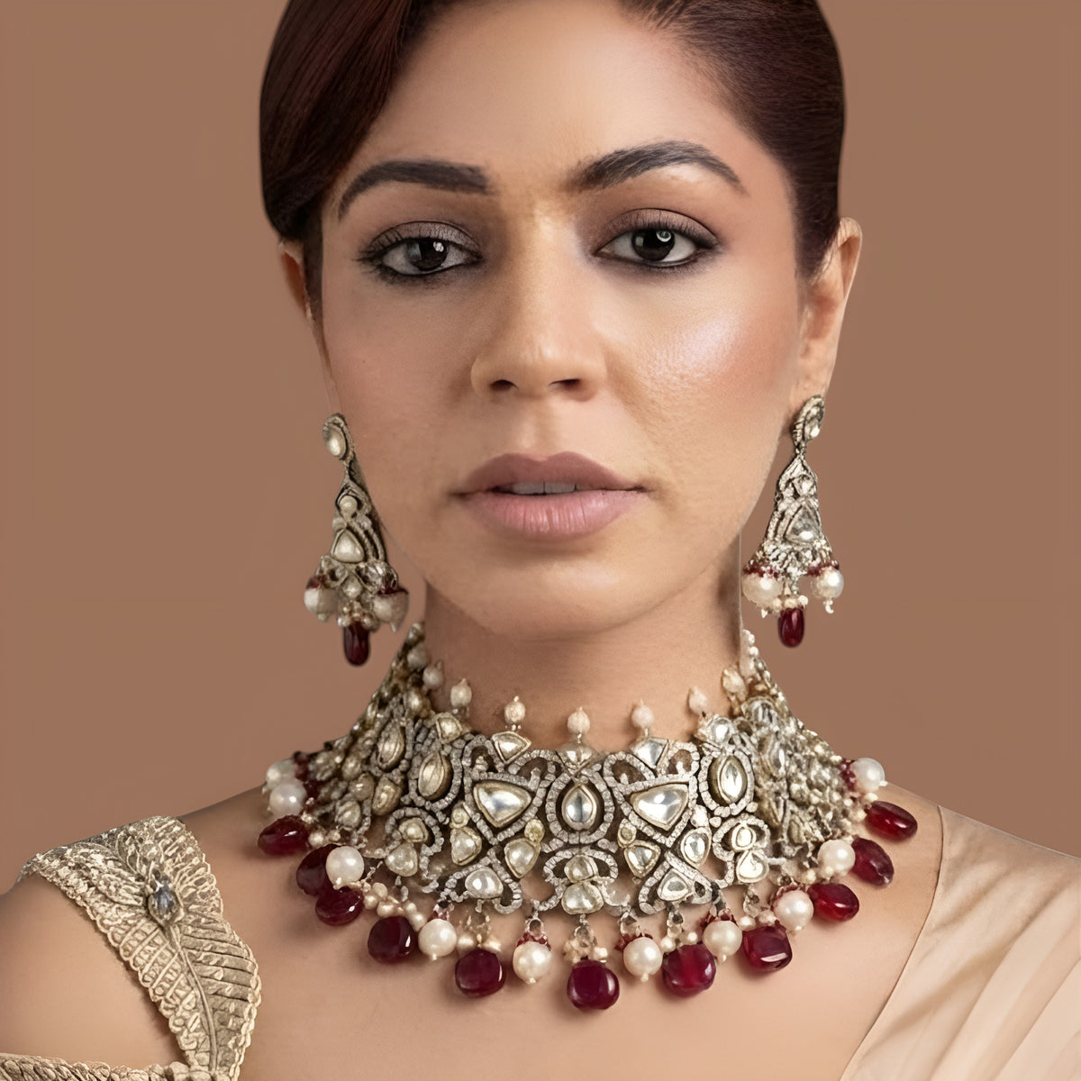 Polki Kundan Bridal Choker Set with Ruby Red Drops