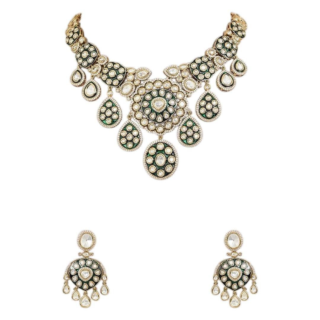 "Antique gold Kundan choker necklace with green meenakari enamel and polki stone medallions, matching disc drop earrings"