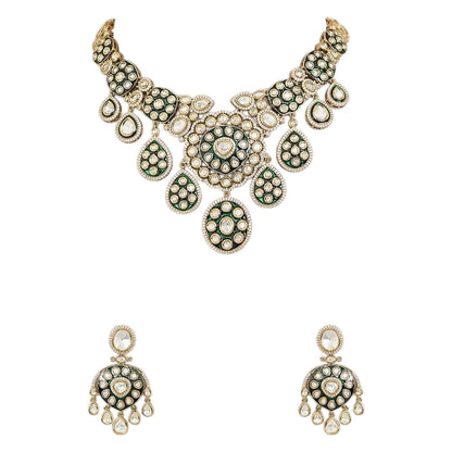 "Antique gold Kundan choker necklace with green meenakari enamel and polki stone medallions, matching disc drop earrings"