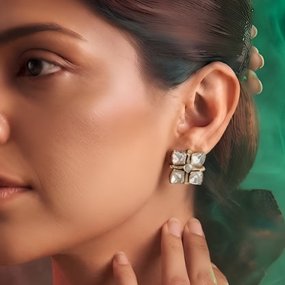 Gold CZ Clover Stud Earrings with Pave Detailing