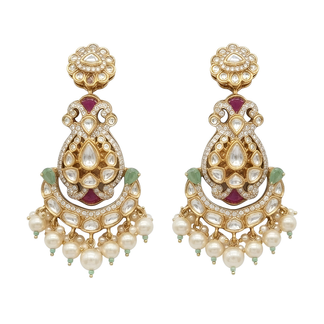 "Antique gold kundan polki bridal choker necklace set with ruby, emerald and pearl drops, paired with matching chandbali earrings"