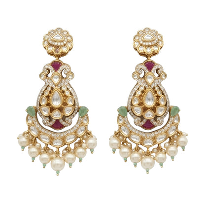 "Antique gold kundan polki bridal choker necklace set with ruby, emerald and pearl drops, paired with matching chandbali earrings"