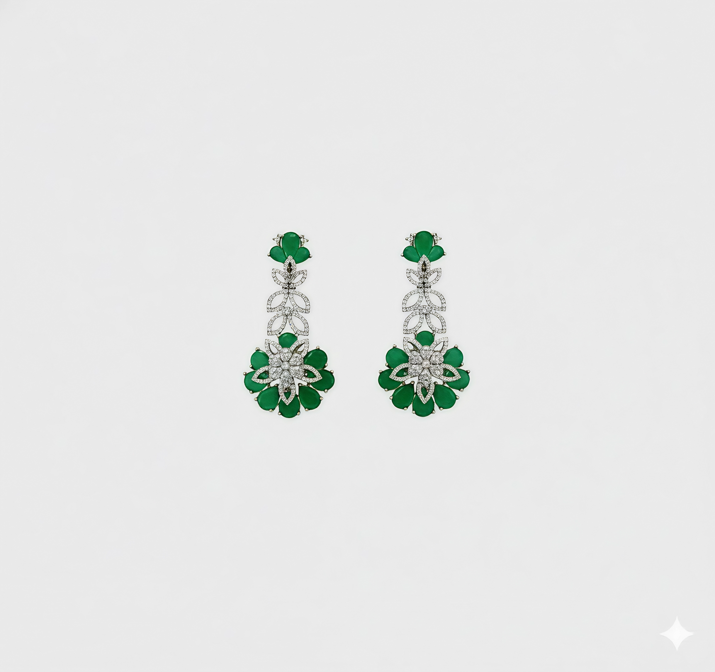 Green Stone Studded Floral Silver Polish Necklace Set with Earrings