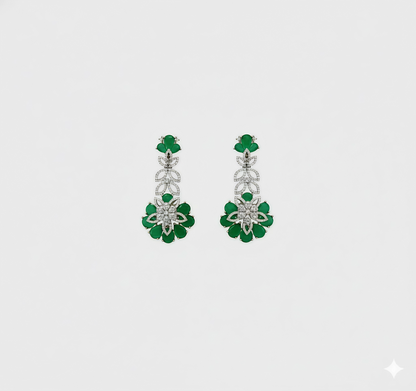 Green Stone Studded Floral Silver Polish Necklace Set with Earrings