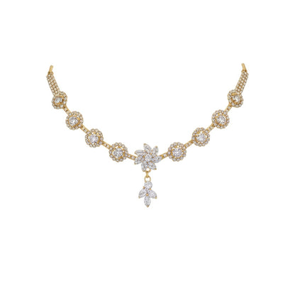 "Gold-plated floral diamond necklace set with matching earrings displayed on red velvet stand – ideal for weddings and festive occasions."