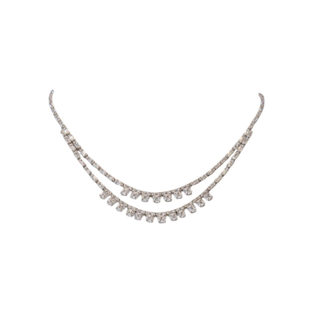 Elegant American Diamond Necklace and Earrings Set Displayed on Red Velvet Stand