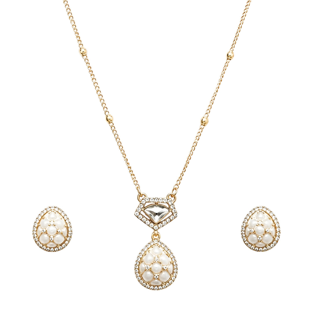 Gold-Plated Pearl Teardrop Pendant Necklace Set with Stud Earrings for Women