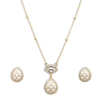 Gold-Plated Pearl Teardrop Pendant Necklace Set with Stud Earrings for Women
