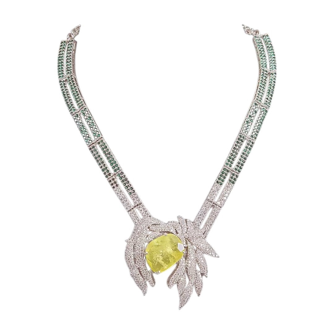 Luxury silver plated necklace set with yellow gemstone and matching earrings