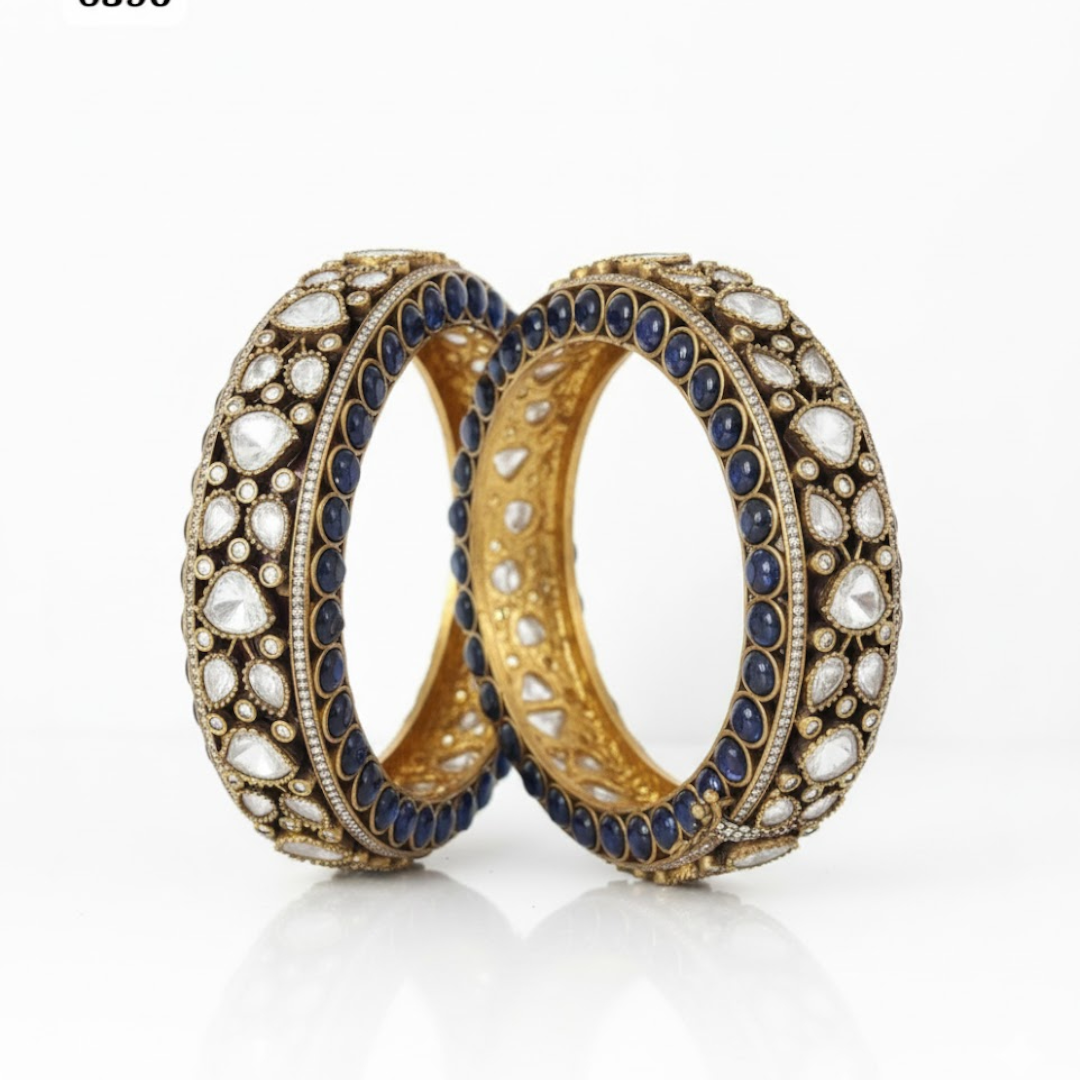 Elegant gold-plated Kundan bangles with black enamel and white stones – bridal designer kada for women