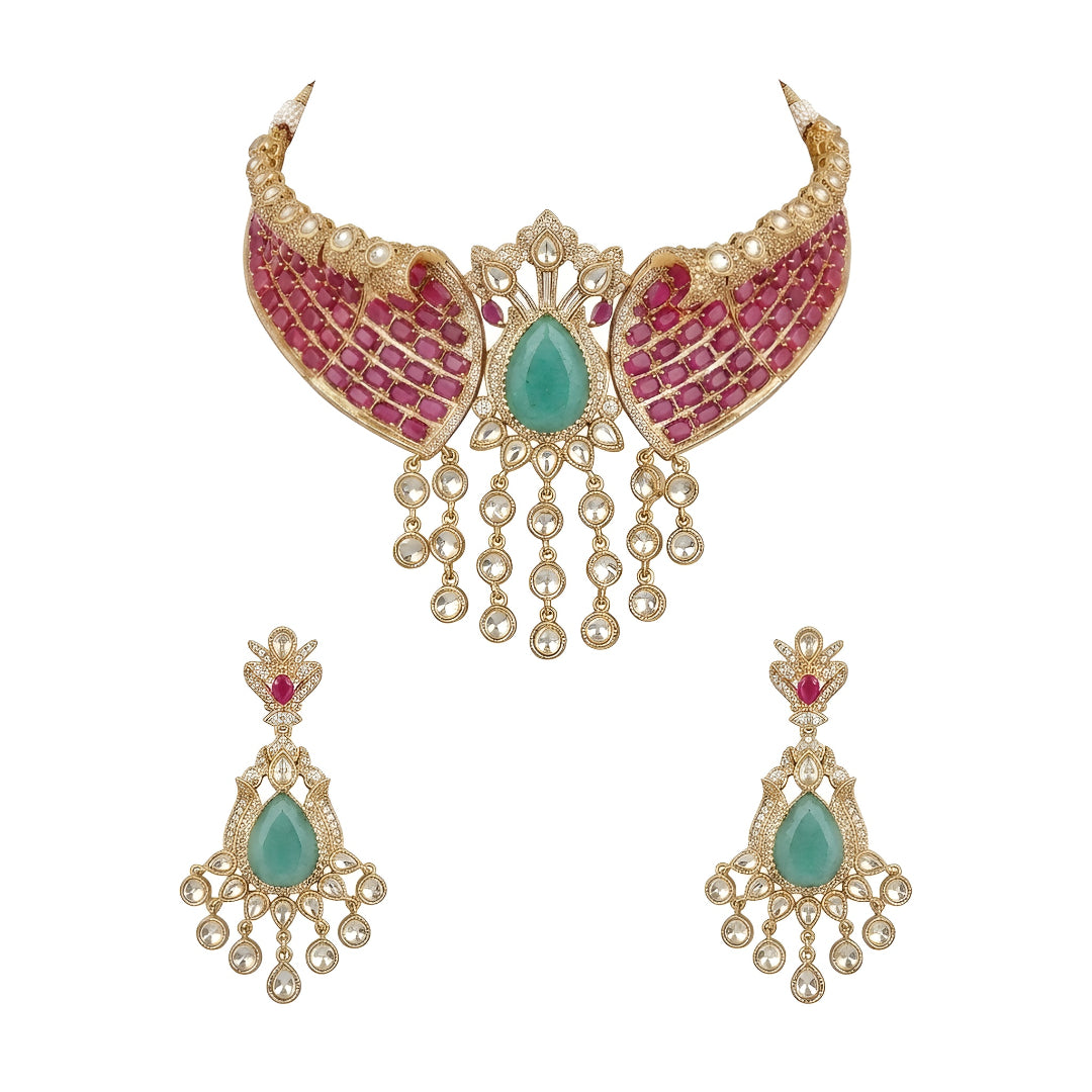 Royal Pink Kundan Choker Necklace Set with Green Stone & Pearl Drop Earrings for Women