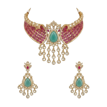 Royal Pink Kundan Choker Necklace Set with Green Stone & Pearl Drop Earrings for Women
