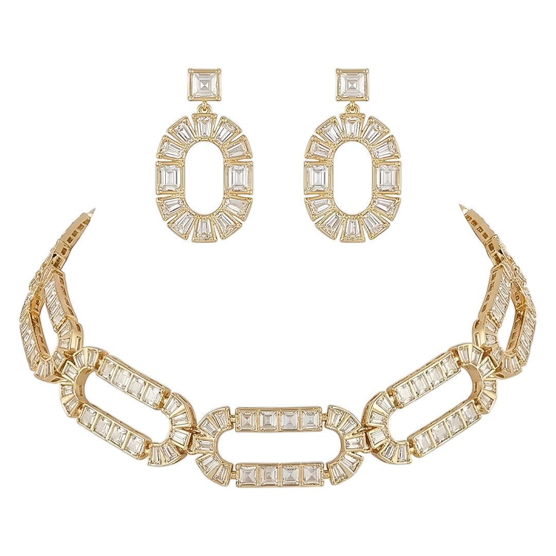 Gold-Plated Geometric Crystal Statement Necklace Set with Matching Earrings for Women