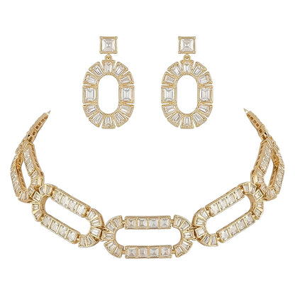 Gold-Plated Geometric Crystal Statement Necklace Set with Matching Earrings for Women