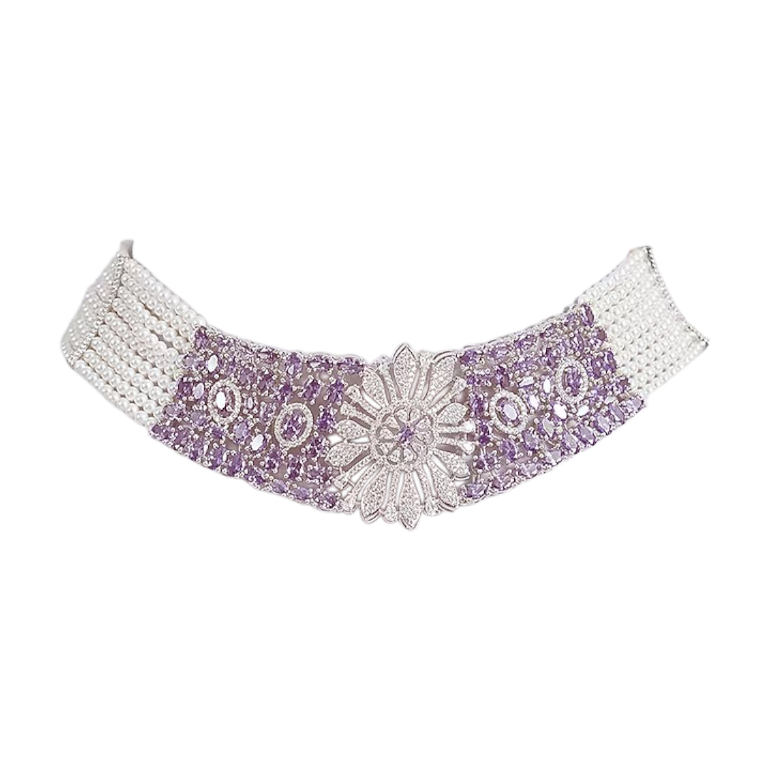 “Elegant purple stone and pearl floral choker necklace set with matching earrings for women”