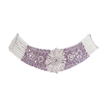 “Elegant purple stone and pearl floral choker necklace set with matching earrings for women”