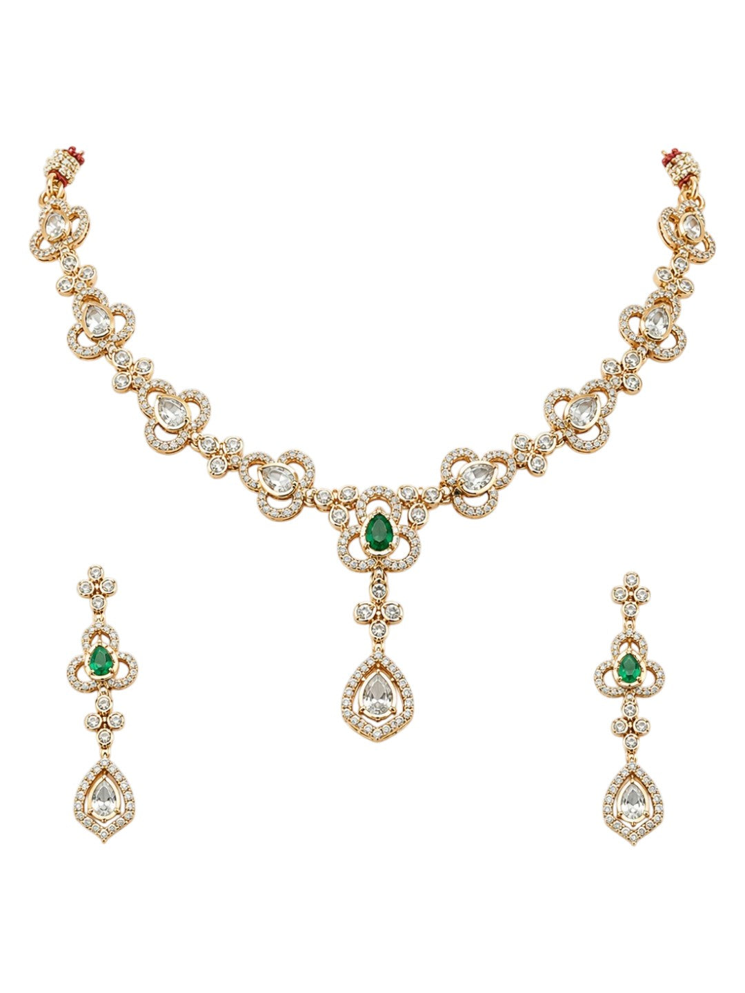 Gold-plated necklace set featuring green stones, American diamonds, floral motifs, and matching drop earrings for women.