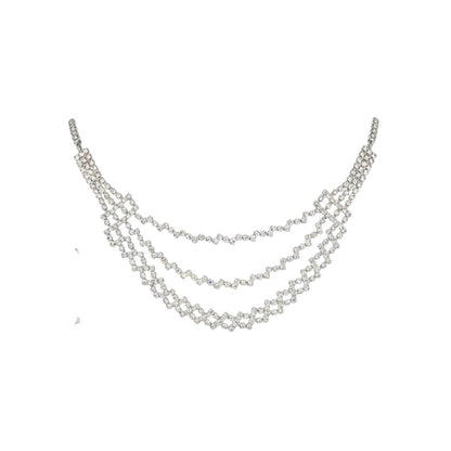 Elegant Layered Diamond Look Choker Necklace Set with Earrings – Silver Crystal Finish