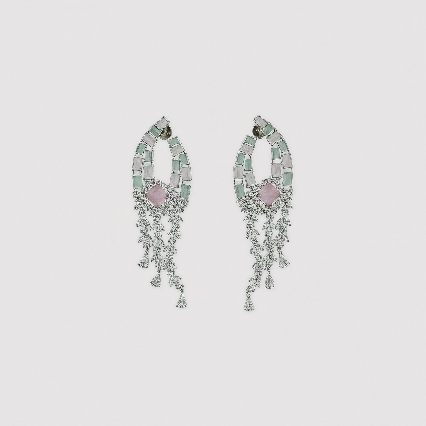 Pastel Green & Pink Stone Studded Silver Polish Choker Necklace Set with Earrings