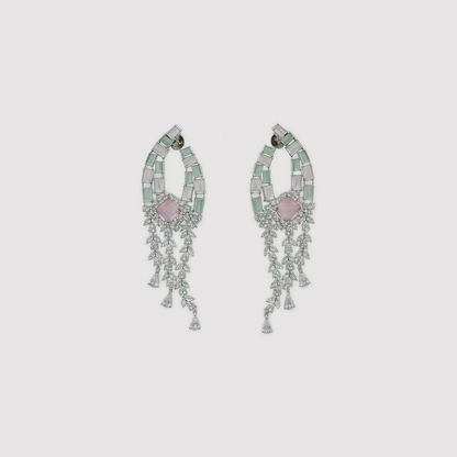 Pastel Green & Pink Stone Studded Silver Polish Choker Necklace Set with Earrings