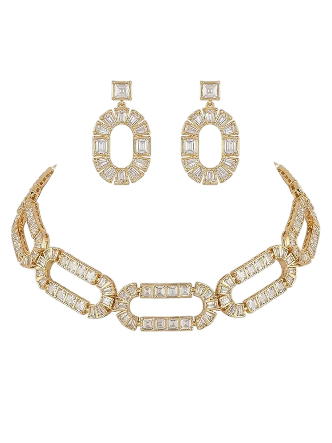 Gold-plated geometric crystal statement necklace set with matching oval drop earrings featuring baguette-cut stones for women.