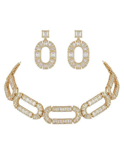 Gold-plated geometric crystal statement necklace set with matching oval drop earrings featuring baguette-cut stones for women.