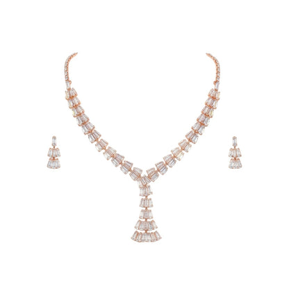 Elegant leaf design American diamond necklace with green stone detailing and matching earrings on red velvet display stand