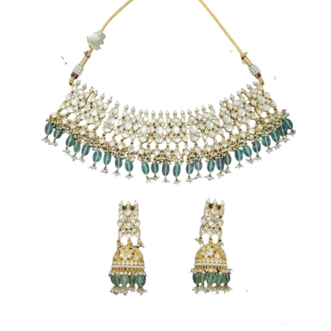 Gold-Plated Kundan Choker Necklace Set with Green Beads & Jhumka Earrings