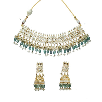 Gold-Plated Kundan Choker Necklace Set with Green Beads & Jhumka Earrings