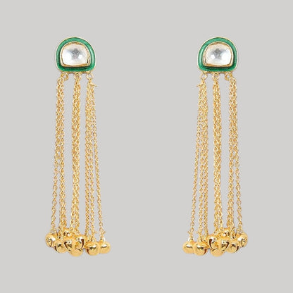 Minimalist Green Kundan Stud with Multi-Chain Golden Dangler Earrings