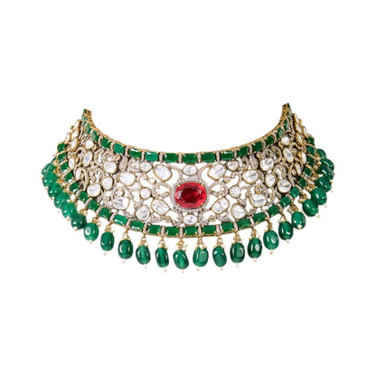 Traditional Green & Red Kundan Choker Necklace Set for Women