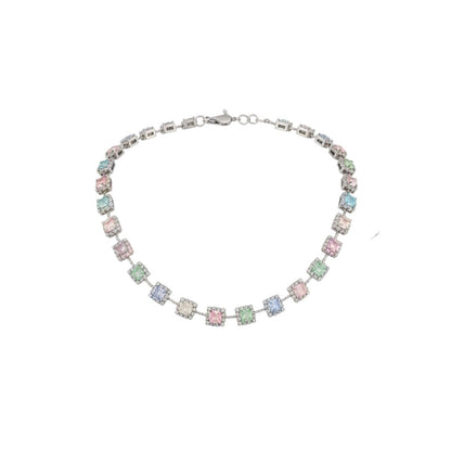 "Elegant pastel pink and green stone necklace with matching earrings displayed on black velvet stand"