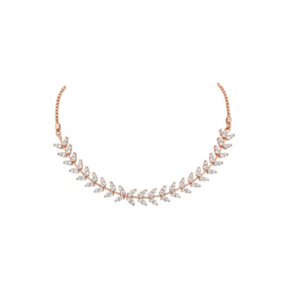 "Gold-plated leaf design choker necklace set with matching earrings displayed on black stand"
