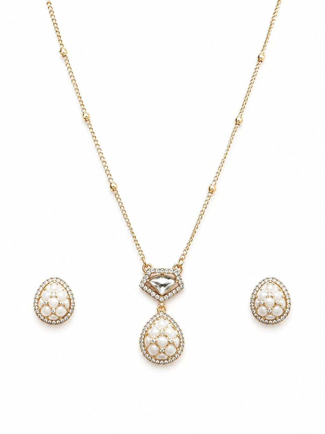 Gold-plated pearl teardrop pendant necklace set with matching stud earrings embellished with American diamonds for women.