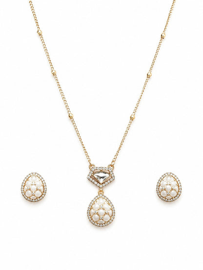 Gold-plated pearl teardrop pendant necklace set with matching stud earrings embellished with American diamonds for women.