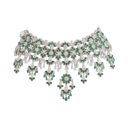 Luxury silver plated choker necklace set with emerald green stones and matching earrings