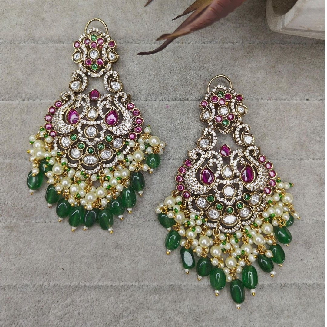 Antique Gold Kundan Chandbali Earrings with Pearl and Green Bead Drops