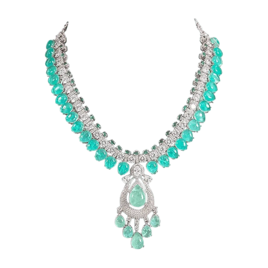 Elegant Silver-Toned Green Stone Necklace Set with Matching Earrings for Women - Auraa Trends