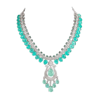 Elegant Silver-Toned Green Stone Necklace Set with Matching Earrings for Women - Auraa Trends
