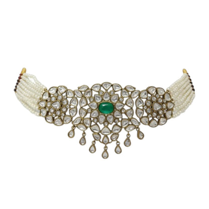 Pearl Beaded Kundan Choker Necklace Set with Green Stone and Earrings – Traditional Bridal Jewelry"