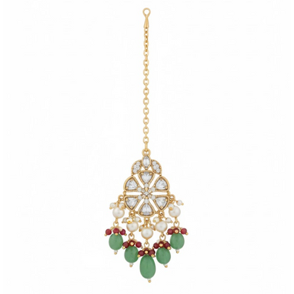 "Bridal Kundan choker necklace set with green beads, pearls, and matching earrings and maang tikka – traditional Indian jewelry for women"